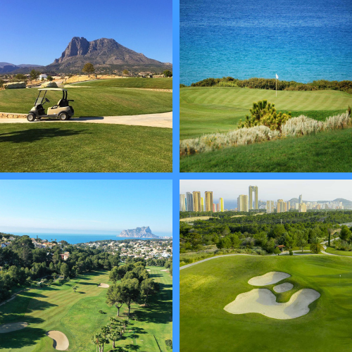 Collage de quatre golfs de la Costa Blanca avec parcours verdoyants, vues mer et paysages méditerranéens ensoleillés.