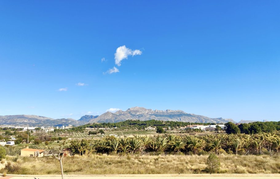 Vue sur palmeraie et Sierra de Bernia depuis la villa – Don Benito Altos de Polop Costa Blanca