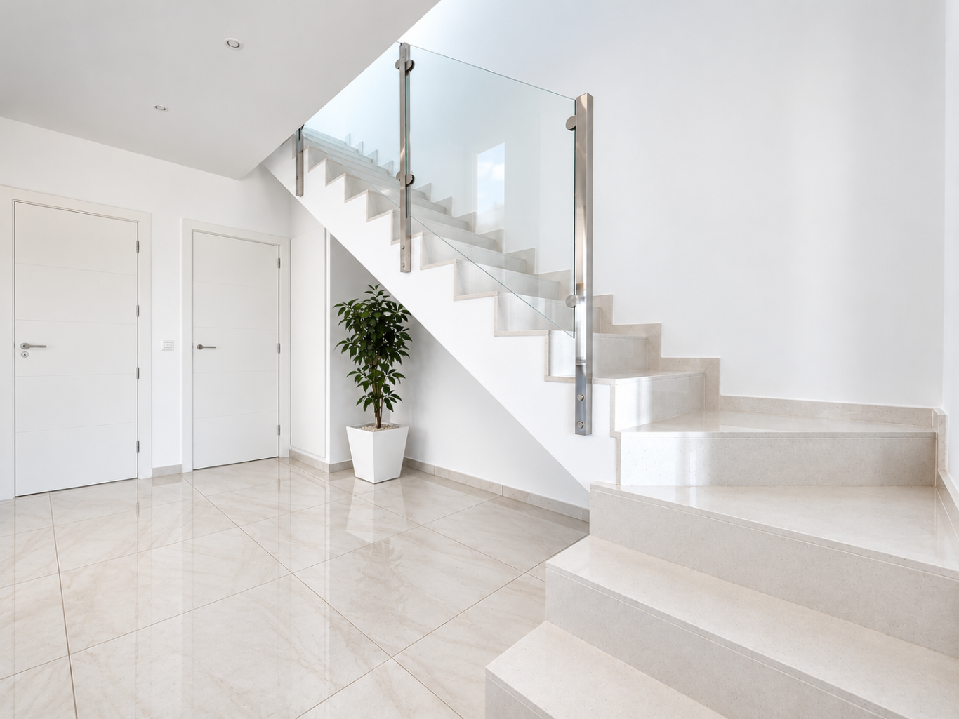 Escalier moderne avec garde corps en verre dans villa à Don Benito Altos de Polop