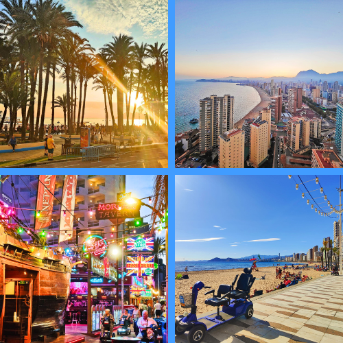 Collage montrant la diversité de Benidorm : palmiers du Parc d’Elche, skyline au-dessus de la plage Levante, vie nocturne à English Square  