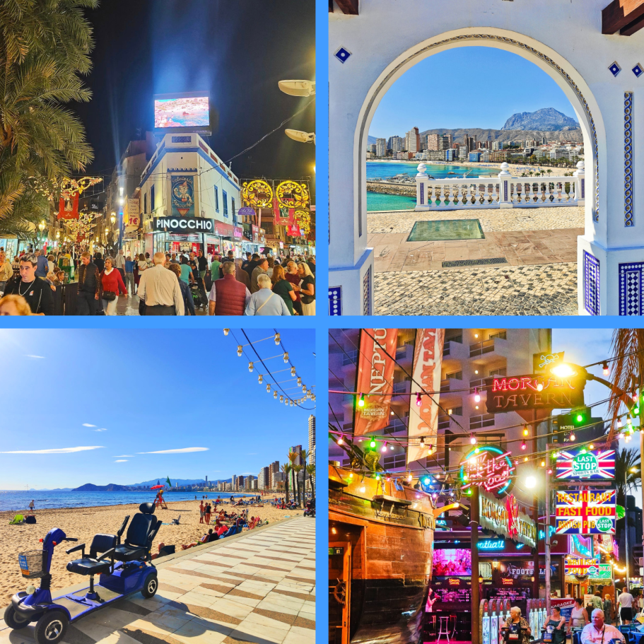 5 raisons d’aimer Benidorm Collage montrant la diversité de Benidorm : palmiers du Parc d’Elche, skyline au-dessus de la plage Levante, vie nocturne à English Square