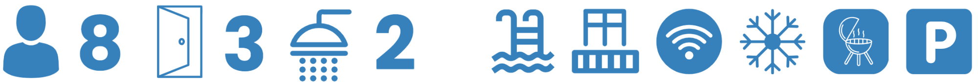 <img src="bandeau-icones.png" 
     alt="Villa pour 7 personnes, 3 chambres, 3 salles de bain, piscine privée, terrasse, Wi-Fi, clim