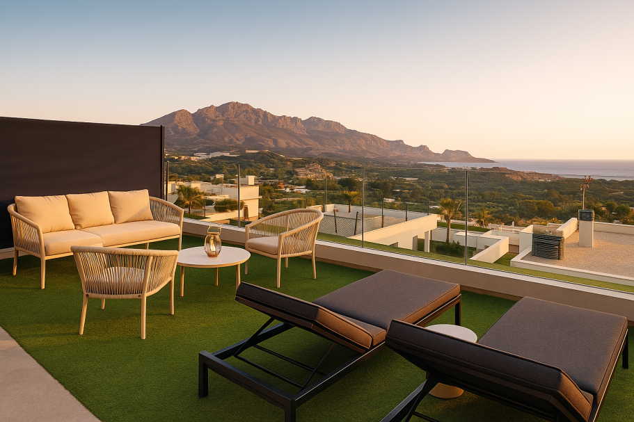 Terrasse avec salon de jardin et vue mer et montagne à Polop Hills – villa Collection Signature Costa Blanca