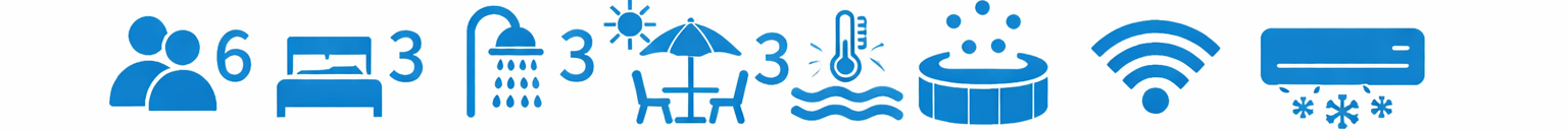 <img src="bandeau-icones.png" 
     alt="Villa pour 7 personnes, 3 chambres, 3 salles de bain, piscine privée, terrasse, Wi-Fi, clim